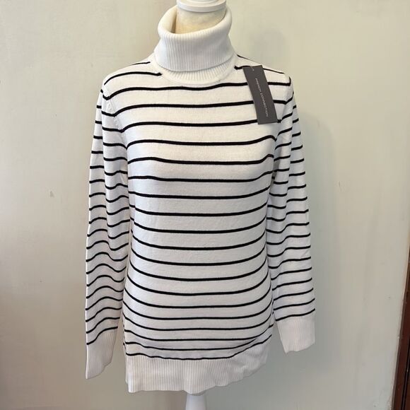 French Connection winter white and wine striped turtleneck sweater Size L New - Picture 2 of 9